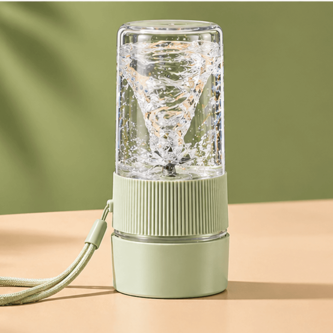 OrraGo Blender Cup in green with swirling water, perfect for portable smoothies and healthy drinks.